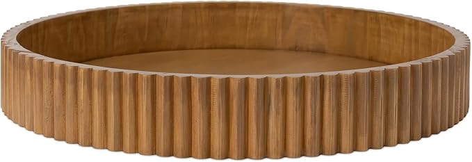 Ribbed Wood Decorative Tray, 16.5-Inch Round with Light Honey Finish for Table Centerpieces