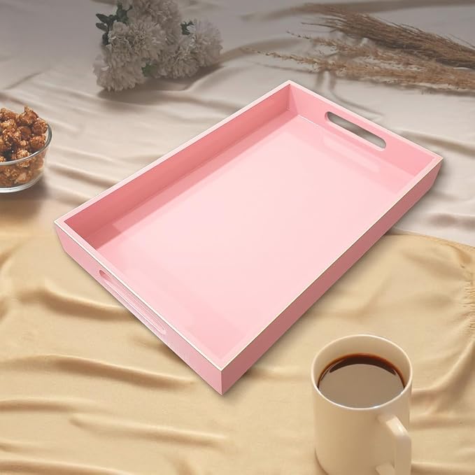 Handcrafted Wooden Serving Tray | Tray with Handle for Snacks, Tea, Kitchen, Coffee Table, Dining | High Gloss Finish with Gold Trim |12.25 x 7.75 x 1.5 inches (Baby Pink)