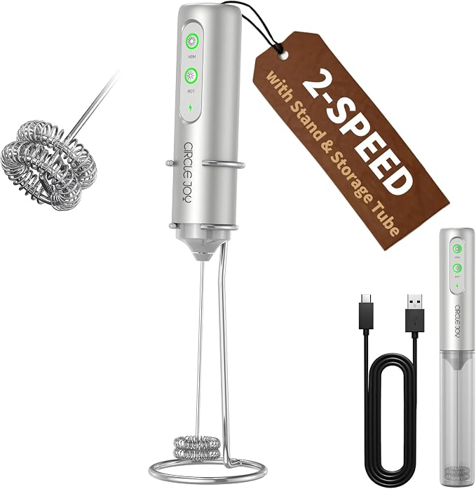 CIRCLE JOY Rechargeable 2-Speed Handheld Milk Frother with Stand, Dual Spring Whisk Electric Foamer, Portable & Detachable Coffee Frother Wand, Drink Mixer for Lattes, Macchiato, Hot Chocolate, Silver