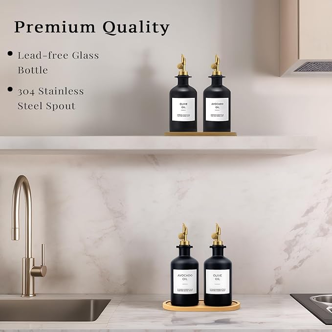 Olive Oil Dispenser Set, 2 x 11.8oz Black Glass Bottles with Auto-Flip Spouts & 2 Capped Spare Spouts, Bamboo Tray, Oil & Vinegar Cruet (Black)