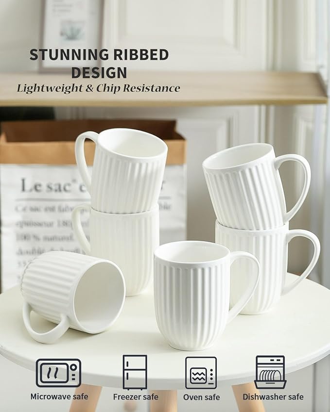 HASENSE Ceramic Coffee Mugs Set of 6, 16 Oz Large Ribbed Coffee Cups with Big Handle, Unique Modern Style White Latte Mugs for Tea,Cocoa,Milk,Cappuccino, Microwave & Dishwasher Safe
