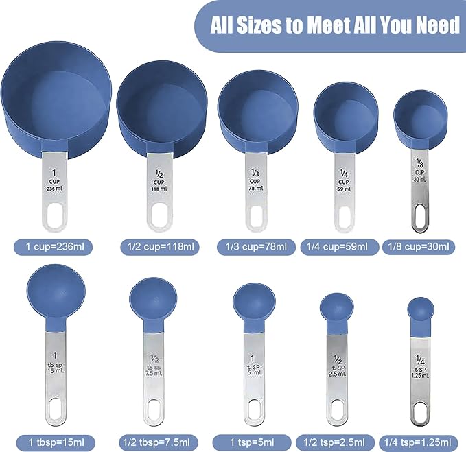 Measuring Cups and Spoons Set, 10-Piece Stackable Kitchen Tools with Stainless Steel Handles, Nesting Measurement Gadgets for Cooking & Baking (blue)