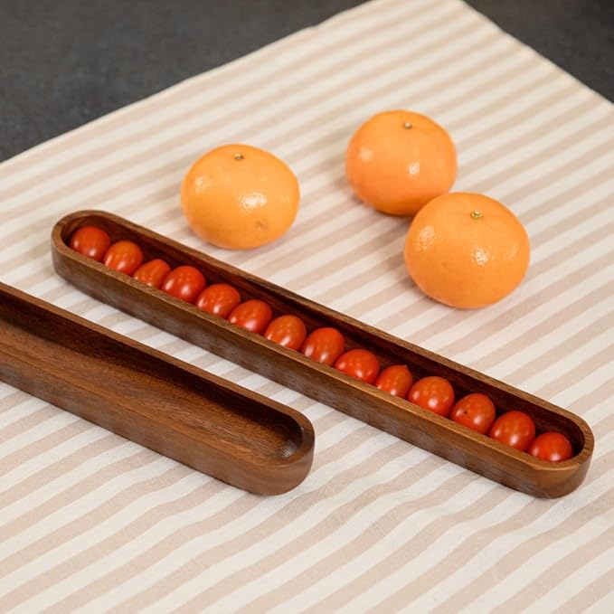 SiamMandalay Wooden Olive Tray Handmade Acacia Wood Olive Plate Long Canoe Boat Style Dish - Food Serving Platter Table Centrepiece