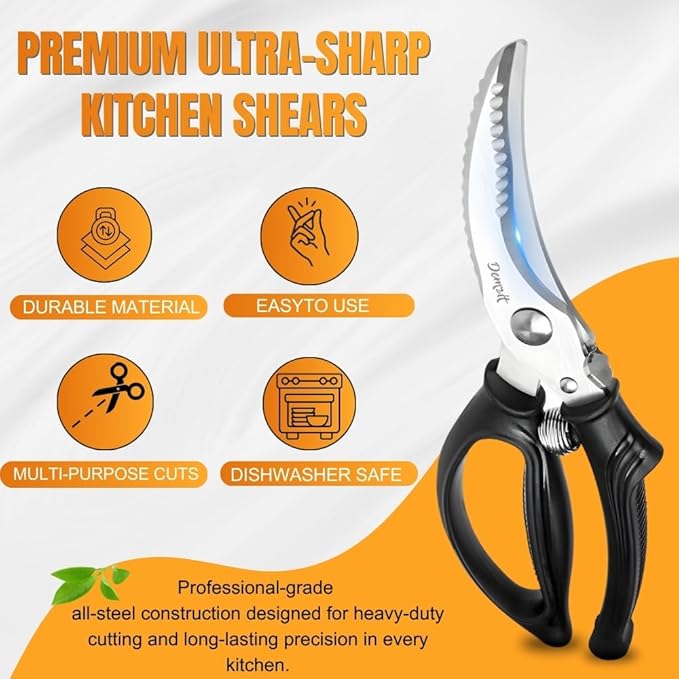 Poultry Shears, Kitchen Shears Heavy Duty for Food With Anti-Slip Handle & Safety Lock, Meat Scissors, Chicken, Lobster, Quail, Fish, Food Cutting Scissors, Bone Cutter - Spring Loaded