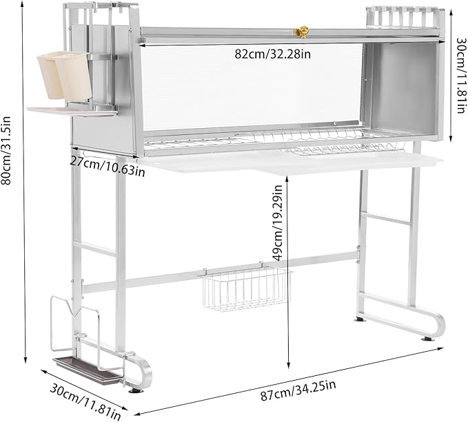 Over The Sink Dish Drying Rack 2 Tier Stainless Steel Dish Drainer Drying Rack 34.25" W Multifunctional Kitchen Organizers and Storage for Dishes, Glasses, Bowls, and Cutlery (Silver)