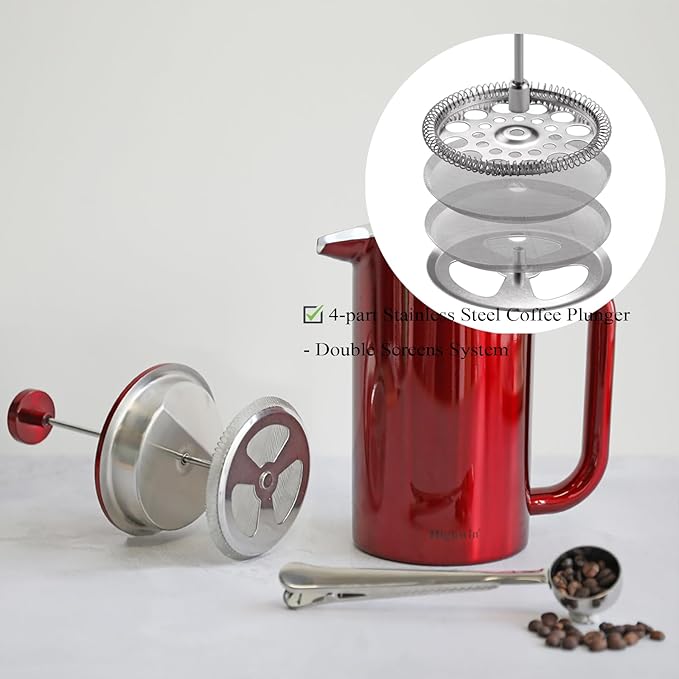 8-Cup Double Wall Insulated Stainless Steel French Coffee Press, 32-Ounce Durable Coffee Tea Maker with Stainless Steel Plunger, Red