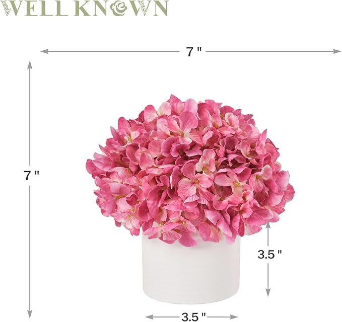 Pink Hydrangea Fake Flowers in Vase, Spring Artificial Flowers with White Ceramic Vase, Small Faux Potted Floral Arrangements for Home Bathroom Kitchen Vanity Shelf Coffee Table Centerpiece Decor Gift