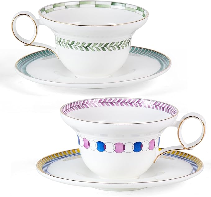 KAMMAK Ceramic Coffee Cups Saucers Set of 2, Porcelain Espresso Cups with Saucers, 5.92 oz Handmade Elegant Bone China Tea Cup, Ceramic Floral Pattern Demitasse for Latte, Americano, Cappuccino