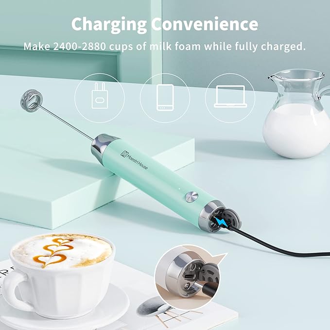 Maestri House Rechargeable Milk Frother, LunaFro NS 2-Speed Handheld Electric Foam Maker Waterproof Detachable Stainless Steel Whisk Drink Mixer Foamer for Lattes, Cappuccino, No Stand