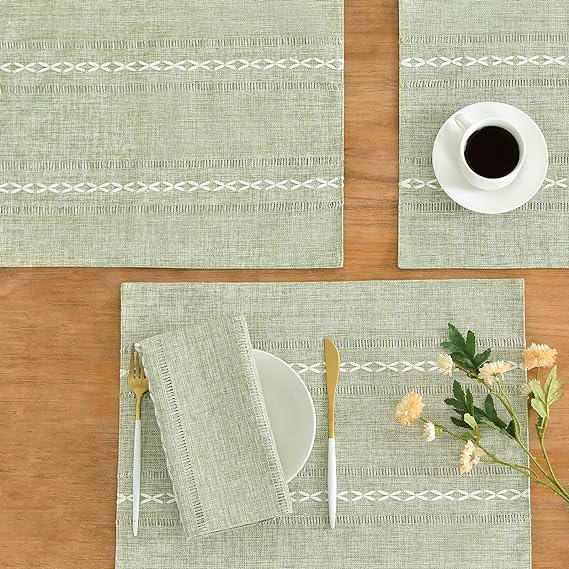 Wracra Cotton Linen Placemats, 12 x 18 Inch Set of 6 Placemats Rustic Hemstitch Place Mats for Kitchen Table and Heat Resistant-Hemstitch Sage Green