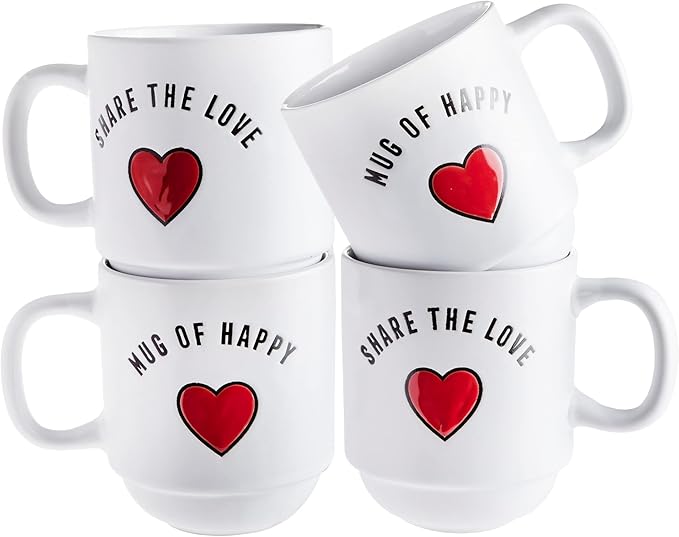 Sheffield Home Set of 4 Stackable Stoneware Mugs with a Metal Rack for Storage, Large Cups for Tea, Mugs for Latte, and Hot Chocolate (Heart Sentiments)