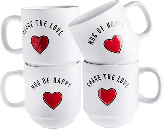 Sheffield Home Set of 4 Stackable Stoneware Mugs with a Metal Rack for Storage, Large Cups for Tea, Mugs for Latte, and Hot Chocolate (Heart Sentiments)