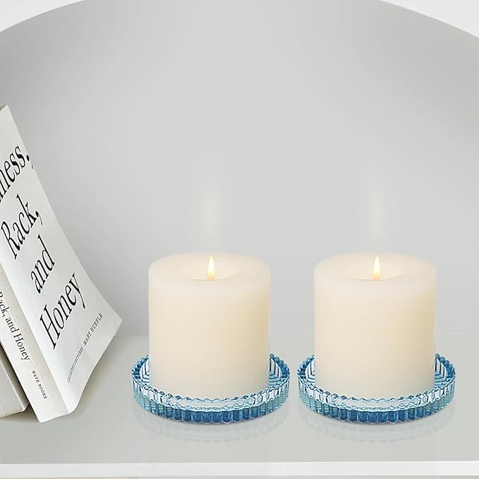 Vixdonos 3.8 Inch Glass Pillar Candle Holder Set Pack 2 Gear Round Plate Serrated Candle Stand for Table Centerpieces,Party, Wedding and Home Decor