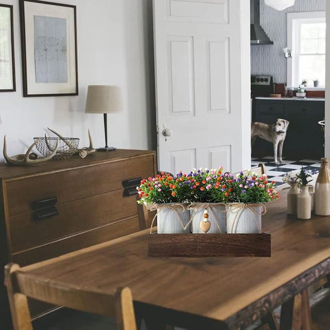 CALAVAK Decorative Centerpiece Wooden Tray with 3 Metal Potted Artificial Milan Flowers Rustic Country Farmhouse Décor for Dining Room, Living Room and Kitchen Table