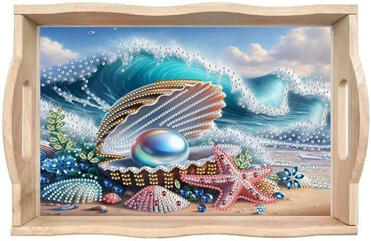 DIY Diamond Serving Tray Rectangular Breakfast Tray with Handle Handmade Diamond Art Painting Wooden Tray for Dinner Plate Coffee Room Living Home Organizer-Pearl