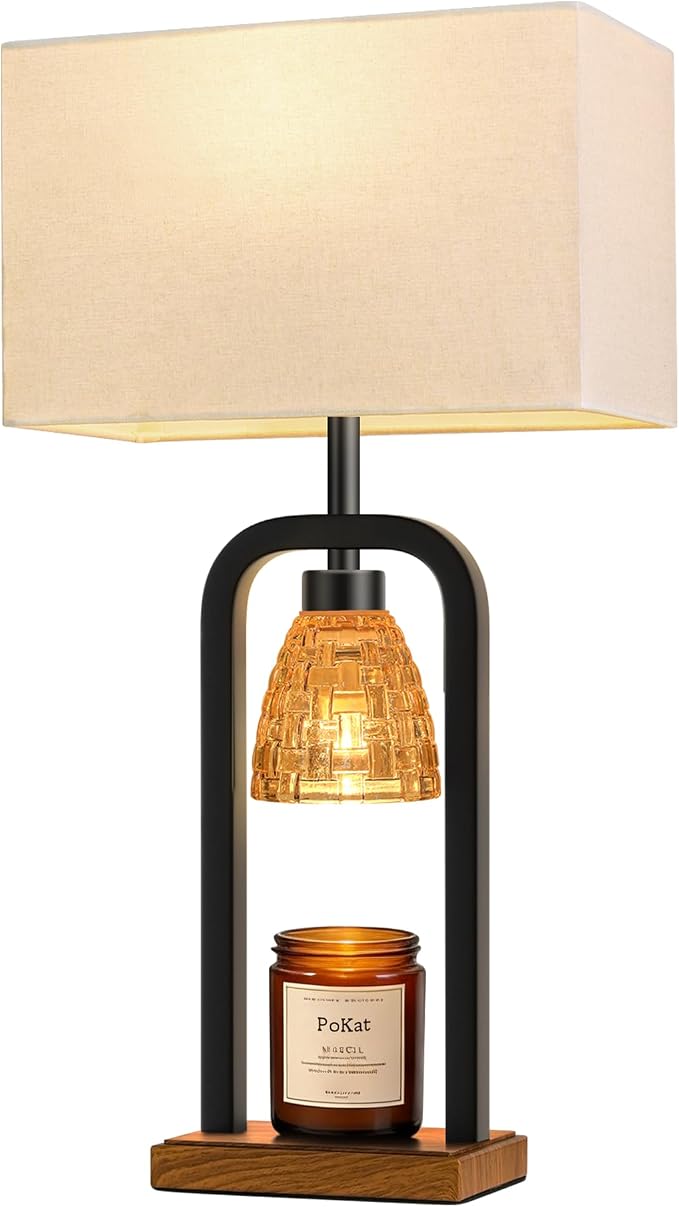 PoKat Electric Candle Warmer Lamp Black, Candle Lamp Warmer with Timer Dimmer & Wood-Like Base, Wax Light Warmer Lamp Jar Candles, Farmhouse Table Lamp for House Warming New Home Decor, Bulb Included