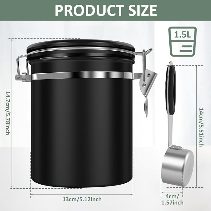 2PCS Coffee Bean Storage Container Set , 1.5L 51oz Airtight Stainless Steel Coffee Canister with Scoop & Date Tracker, Coffee Grounds Container for Coffee Bar, Tea, Sugar, for Coffee Lovers, Black