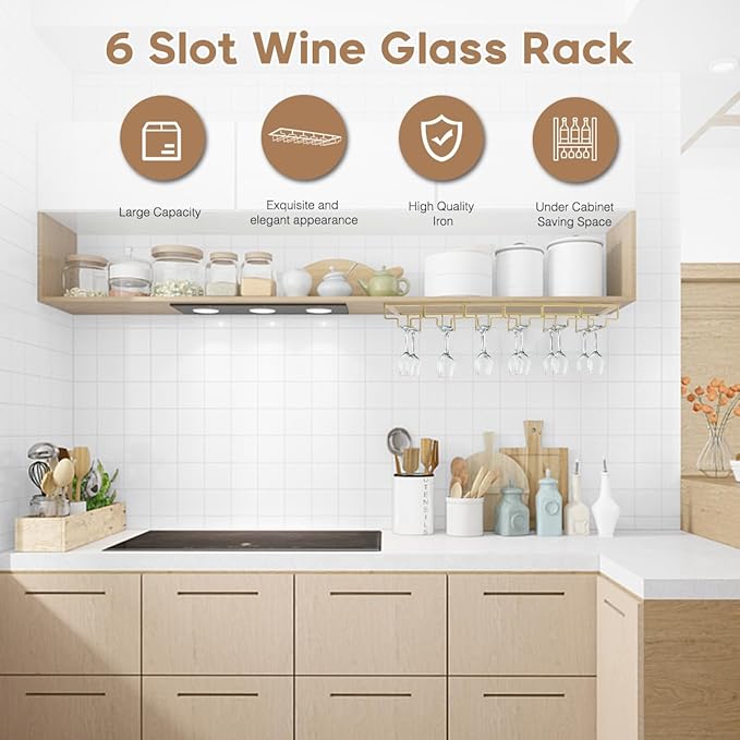 Xverycan Wine Glass Rack Under Cabinet, 6 Row Extreme Large Stemware Hanger, Metal Wine Goblet Holder, DIY Bar Glass Storage Rack for Bar Counter, Kitchen, Screws Included (Gold)