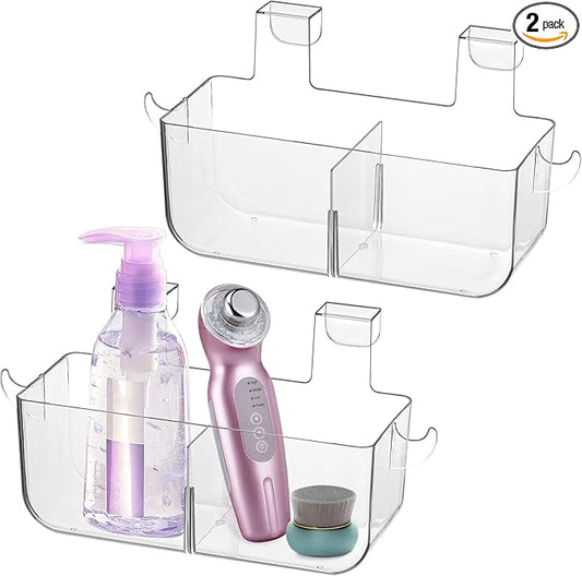 Poeland 2 Pack Over Cabinet Door Organizer, Plastic Storage Bin with 2 Hooks, Over Cabinet Holder for Kitchen, Pantry, Bathroom, Inside or Outside Door (Transparent)