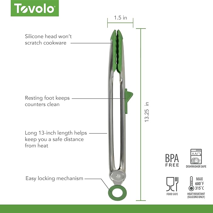 Tovolo Tongs With Silicone Tips Easy Grip 13” Long Kitchen Tongs Stainless Steel Handle For Cooking, Non Scratch Heat Resistant Locking Tongs Silicone Tipped Dishwasher Safe BPA Free, Pesto Green