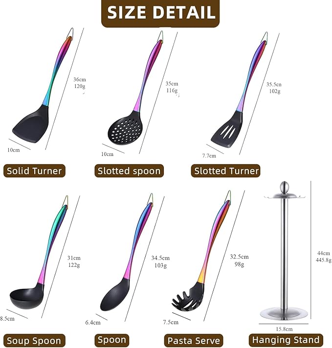 Silicone Cooking Utensil Set,6 pcs Silicone Cooking Kitchen Utensils Set,Non-stick Kitchen Cookware Titanium Stainless Steel Handle with Utensil Holder,Spatula Set for Cooking-Rainbow Color
