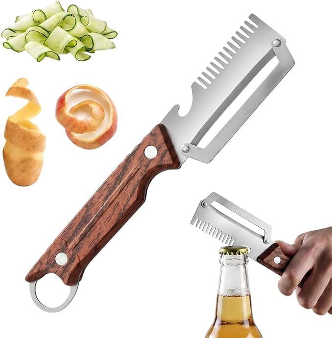 Premium Multi-Functional Vegetable Peeler for Kitchen, Heavy Duty Stainless Steel Potato Peeler with Ergonomic Wooden Handle & Bottle Opener & Storage Hanging Hole for Fruit and Vegetables (A-1Pcs)