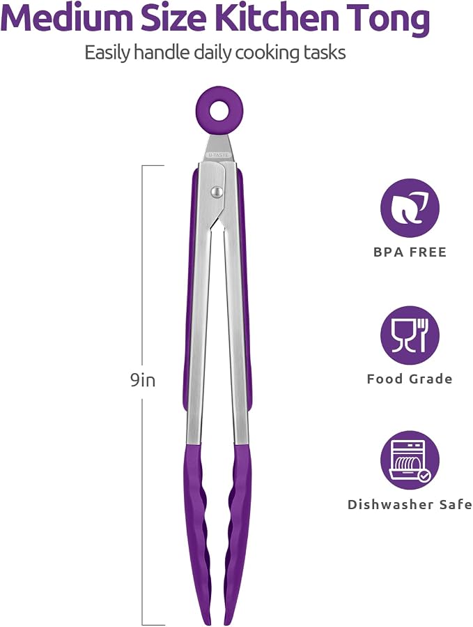 600ºF Heat Resistant Kitchen Tongs: U-Taste 9 inch Silicone Cooking Tong with Firm Sealed Non Stick Rubber Tips & Silicon Coated 18/8 Stainless Steel Handle & Smooth Locking for Serving Grill (Purple)
