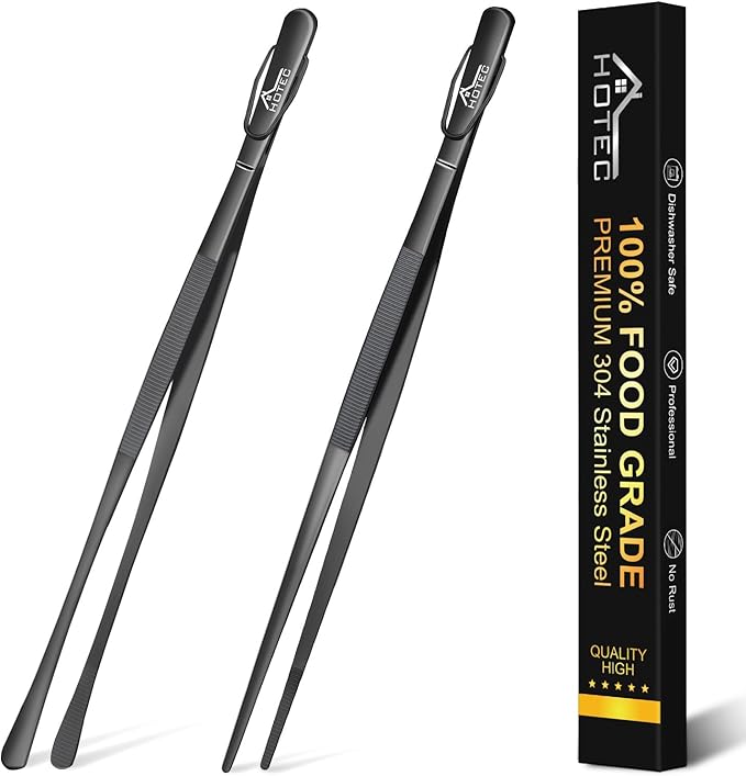HOTEC Kitchen Tweezers Tongs Stainless Steel Professional Chef Tweezers, Set of 2-12inch Extra-Long Food Tongs for Cooking,Grill and Baking