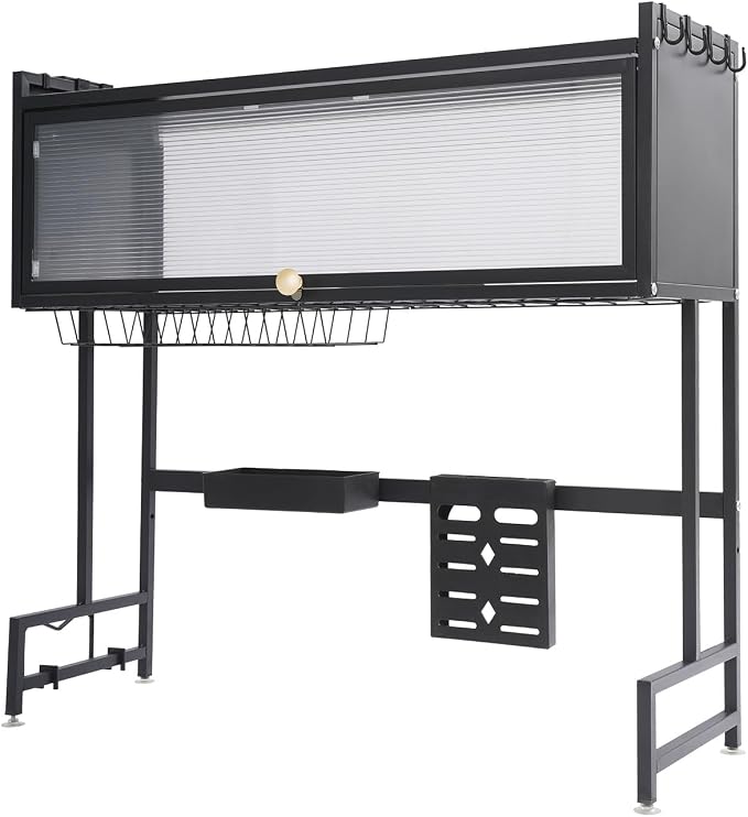 Over The Sink Dish Drainer with Cover, 2 Tier Dish Drying Rack for Kitchen Counter, 33" W Sink Drying Rack for Dishes, Glasses, Bowls, and Cutlery