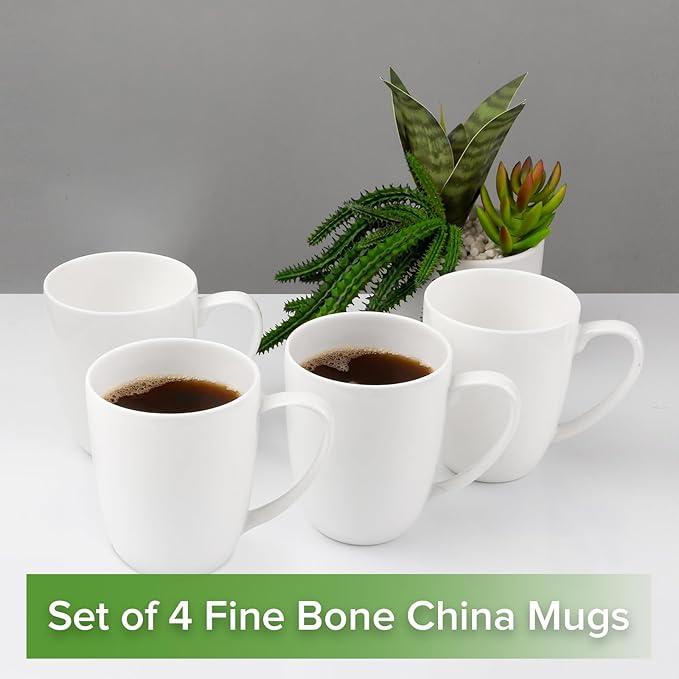 Fine Bone China White Coffee Mugs, 16 oz Large Capacity, Set of 4 Tea Cups, Thin Thickness and Light Weight, Comfortable to Hold, Microwave and Dishwasher Safe