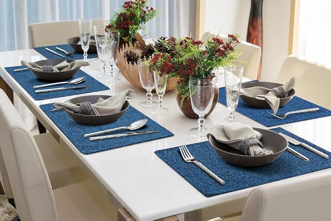 homing Faux Cotton Linen Placemats Set of 6, Cloth Washable Farmhouse Dining Table Mats for Indoors & Outdoors, Easy to Clean, Navy Blue, 13 x 19 Inch