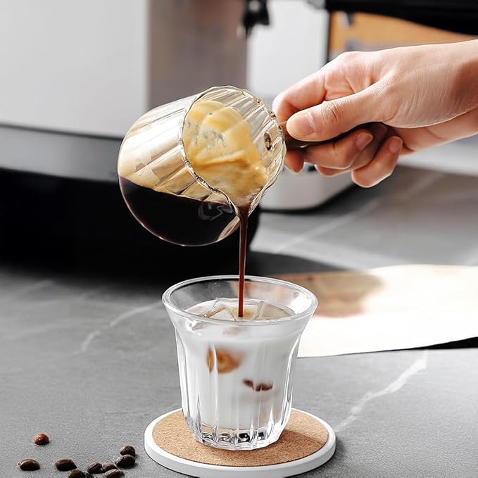 2Pcs Espresso Shot Glass, FHDUSRYO 6oz Espresso Cups with 2Pcs Coffee Measuring Spoon, Expresso Shot Cup with V-Shape Mouth, Milk Frothing Pitcher, Glass Measuring Cup Expresso Accessories (Clear)