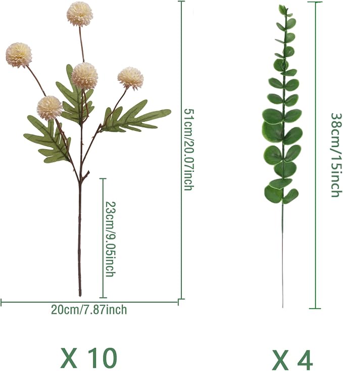 10pcs Faux Beige Kiku Flowers, 5 Heads Each Stem & 4 Branches Eucalyptus Stems, Artificial Small Mini Chrysanthemum Flowers for Aesthetic Room Decor, Floral Arrangements Centerpiece