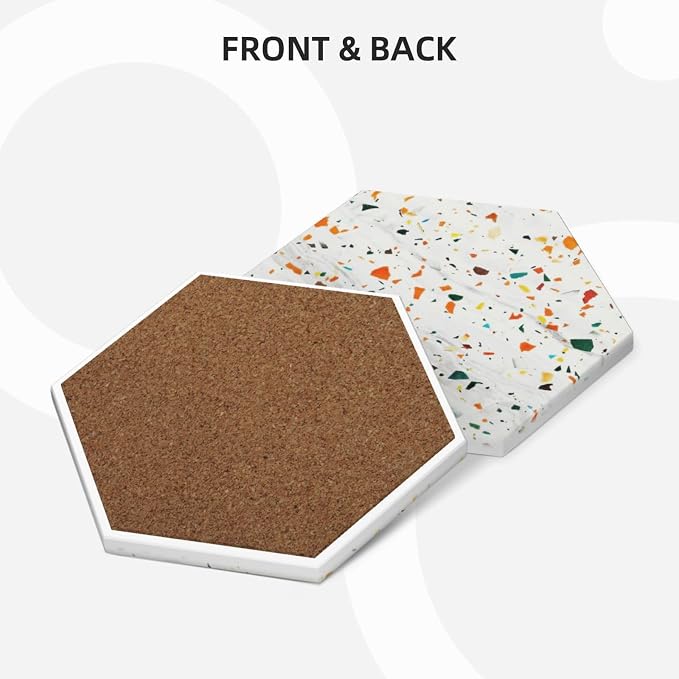 Beige Terrazzo Marble Hexagon Drinks Coasters Absorbent Stone with Holder Set of 6, Unique Fashion Luxury 3D Printing Art White/Cream Marbled Hexagonal Ceramic Coaster for Coffee Table Protection