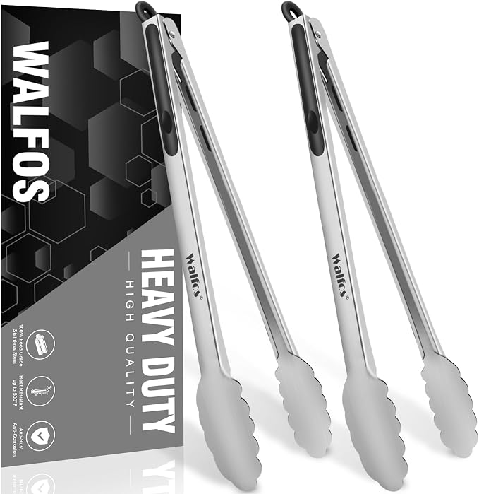 Walfos 17 Inch Extra Long Grill Tongs Set of 2, Ultimate Stainless Steel Tongs for Grilling, Cooking, BBQ/Barbecue, Buffet and Turning Food