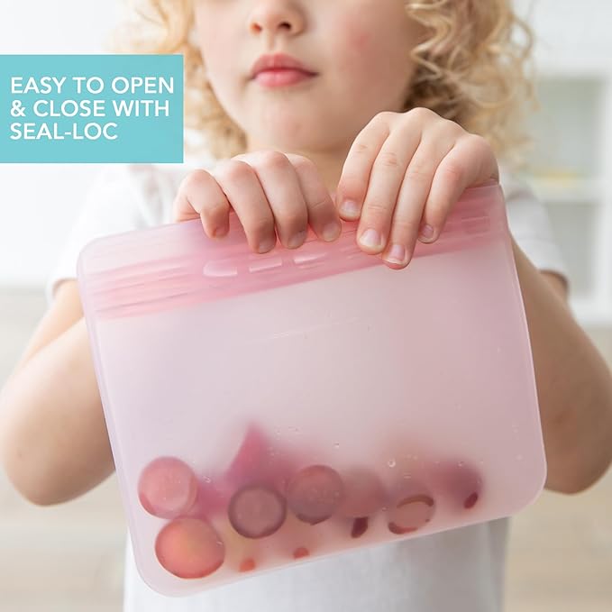 Bumkins - Silicone Bento Box & Reusable Snack Bag Set - 3 Sections & Leak-Proof Lid - Food Safe - 2 Zip Bags - Washable, Microwave, Freezer & Dishwasher Safe - 3 pack - Green