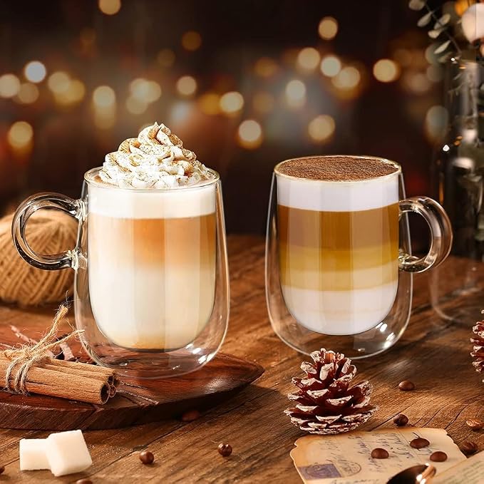 glastal 12 oz Double Walled Glass Coffee Cups Set of 4 Cappuccino Cups with Handle, Clear Double Wall Latte Coffee Mugs Milk Tea Cup, German Quality