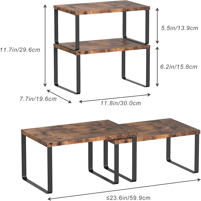 Set of 4 Counter Shelves Kitchen Stackable Cabinet Shelf Wood Organizer Expandable Counter Top Racks Brown Bathroom Counter organizer