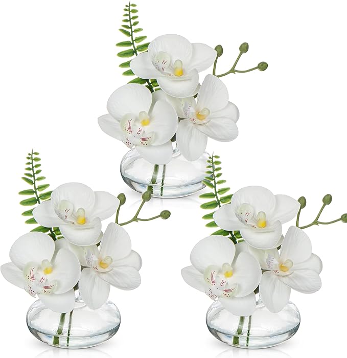 Oairse White Orchids Artificial Flowers Faux Orchids Arrangement in Clear Glass Vases Set of 3 Real Touch Phalaenopsis Orchid Flowers Small Fake Orchid Centerpiece for Dining Room Table
