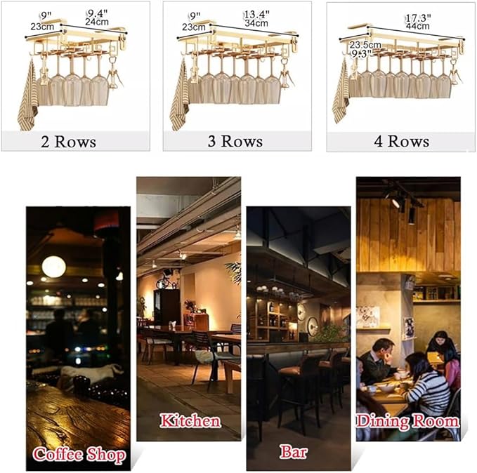 Adjustable Wine Glass Rack Under Cabinet, Hanging Metal Wine Glass Holder, Glasses Storage Hanger with 6 Hooks (Color : Gold, Size : 24x23cm(9.4x9inch))