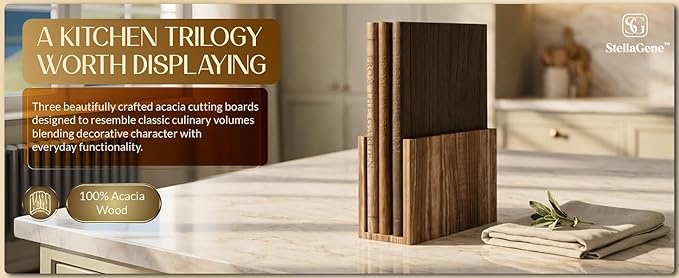 Stella Gene - The Cutting Board Kitchen Trilogy, Decorative 100% Acacia Cutting Board Set, Book-Inspired Wooden Cutting Boards with Stand, 3-Piece Cutting Board Library Style Set, Meat & Cheese Board