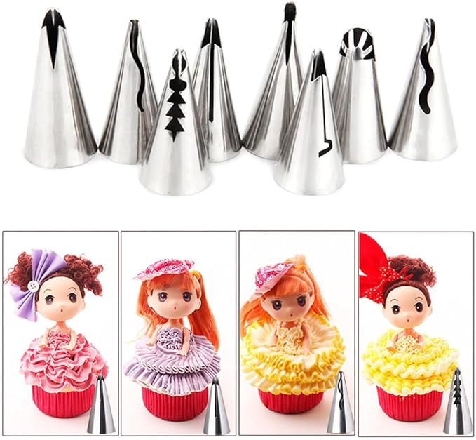 Baipeisy 11Pcs Stainless Steel Pleated Skirt Piping Tips Set - Reusable Baking Tools Kit Includes 8 Decorating Nozzles, 1 Cleaning Brush, 1 Converter, 1 silicone piping bag for Frosting Cakes