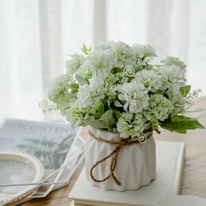 TKAS Fake Flowers Arrangement in Ceramic Vase, Artificial Faux Silk Hydrangea, Small Realistic Dried-Style Floral, Dining Table Centerpiece for Wedding Party Home Decoration (Green)