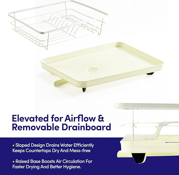 Dish Drying Rack 3 Piece Dish Drainer with Drainboard Set for Kitchen Counter – Dish Rack with Removable Utensil Holder & Swivel Spout for Countertop – DishRack for Plates, Cups & More, Ivory