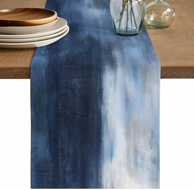 Ombre Dark Blue Short Table Runners 48 Inches, Cotton Linen Fabric Table Runner Dresser Scarf, Modern Simple Painting Art Tablerunner for Party/Kitchen/Dinner/Wedding Decor 13"x48"