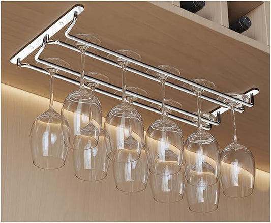 CAKERS Under Cabinet Hanging Stemware Display Rack|304 Stainless Steel Wine Glass Holder|Wine Glass Storage Organizer Hanger,2 Rows,50cm(19.6in)