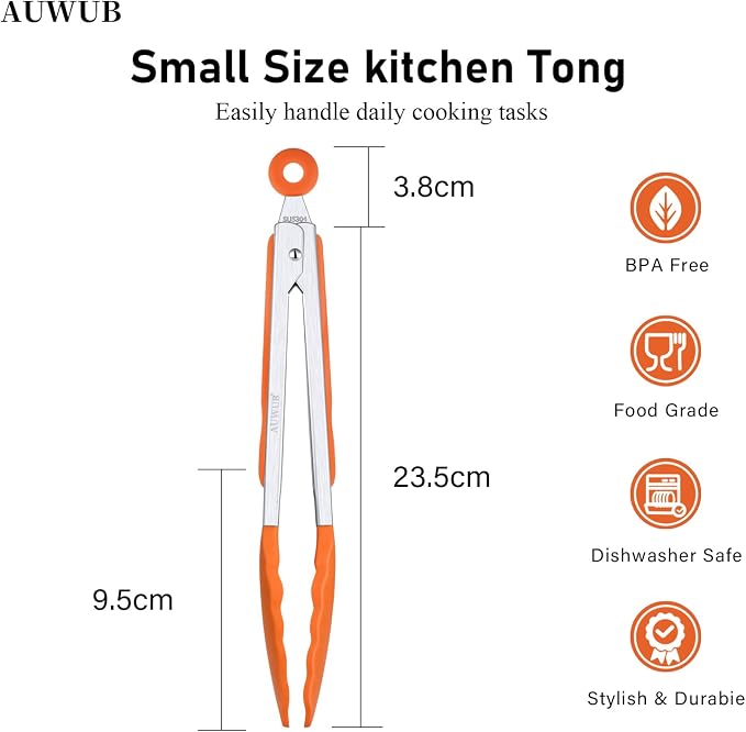Silicone Salad Tongs - 9 Inch, 304 Stainless Steel Core & Non-Slip Grip, Red Color, Kitchen Utensils for Grilling Salad