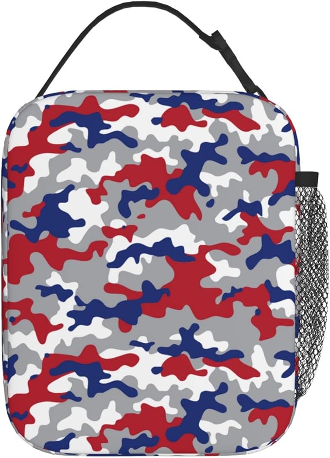 Gianlaima Camo Camouflage Red Blue Insulated Lunch Box For Women Man, Portable Lunch Bag Reusable Cooler Tote For Office Work Travel Picnic Camping Beach