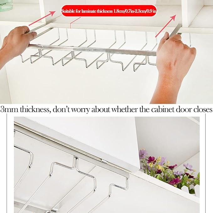 Hanging Wine Glass Rack, Nails-Free Under Cabinet Stemware Rack, Stainless Steel Glasses Storage Hanger for Home Kitchen Bar (4 Slots 8-12 Cups)