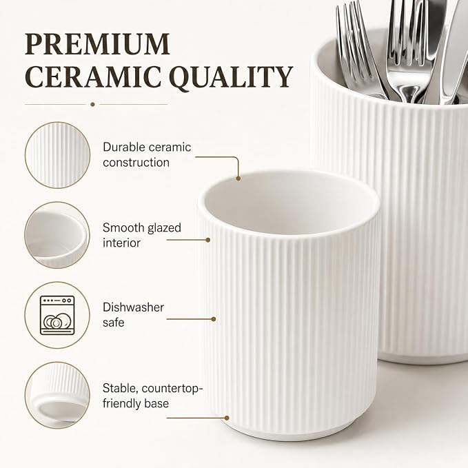Utensil Holder,Ceramic Kitchen Utensils Holder for Countertop-Set of 2 | Utensil Crock for Kitchen Counter for Forks,Spatulas, Spoons,Ideal Housewarming Gifts & Mothers Day Gift-White